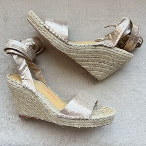 Loeffler Randall Metallic Gold Espadrille Wedge Heel Sandals Women 7.5 Ankle Tie